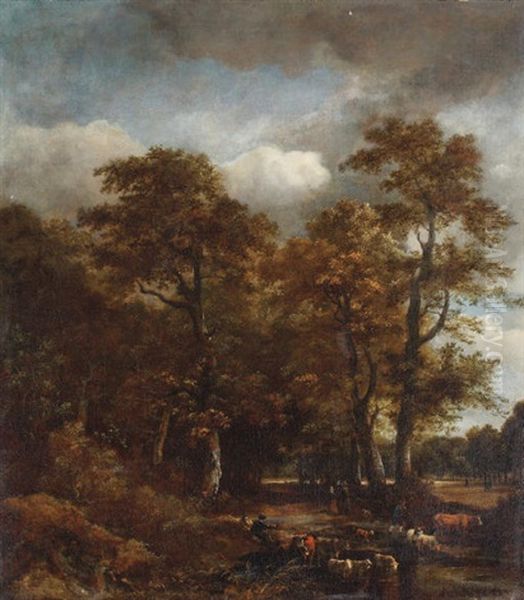 A Wooded Landscape With Cattle Crossing A Stream Oil Painting by Jan van Kessel the Elder