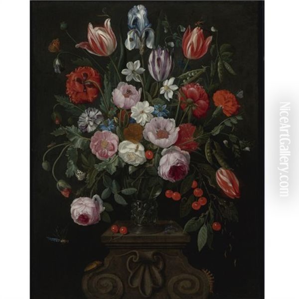 Still Life Of Tulips, Roses, A Whitish Iris, Cherries, Peas And Other Flowers In A Roemer Surrounded By Numerous Insects On A Carved Stone Plinth Oil Painting by Jan van Kessel the Elder