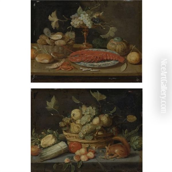 Still Life With Lobster (+ Still Life With Squirrel; Pair) Oil Painting by Jan van Kessel the Elder