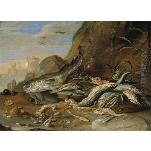 A Seashore With A Still Life Of Fish, Crustaceans And Other Sea Creatures Oil Painting by Jan van Kessel the Elder