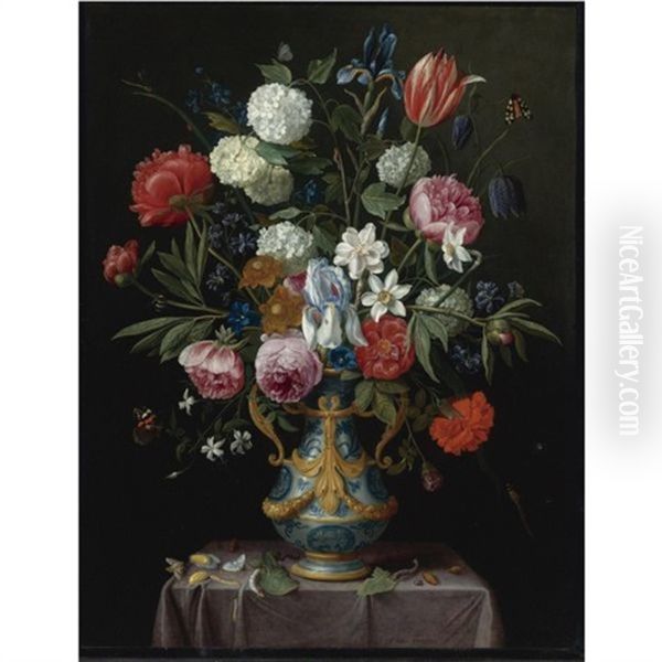 Still Life Of Irises, Peonies, Narcissi, A Tulip And Other Flowers In A Blue-and-white Porcelain Vase With Ormolu Mounts On A Draped Pedestal Oil Painting by Jan van Kessel the Elder