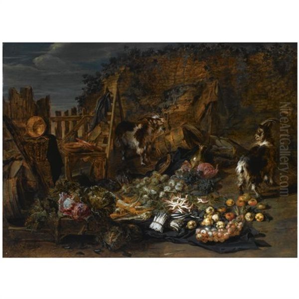 A Still Life Of Cabbages, Carrots, Asparagus, Onions, Pears And Apples Outside A Ruined Barn, Together With Two Goats And Three Rabbits Oil Painting by Jan van Kessel the Elder