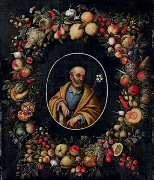 Saint Joseph In An Oval Surround With A Garland Of Flowers And Fruit Oil Painting by Jan van Kessel the Elder