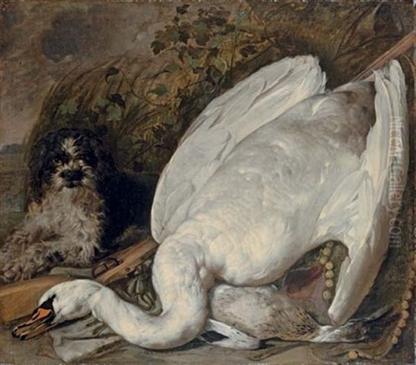 A Hunting Still Life With A Swan, A Duck And A Dog, With Instruments Of The Chase Oil Painting by Jan van Kessel the Elder