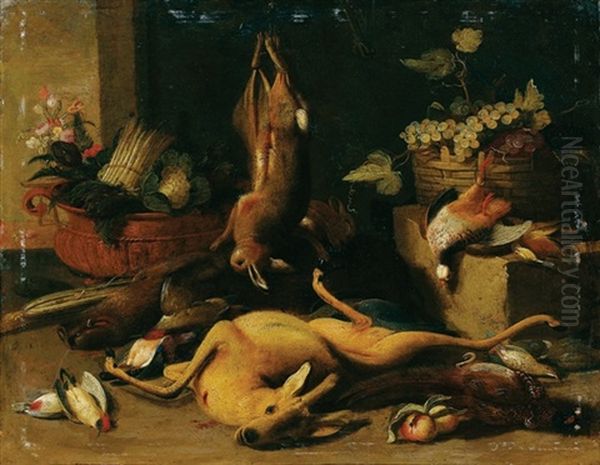 Nature Morte Au Trophee De Chasse, A La Corbeille De Fruits Et Aux Legumes Oil Painting by Jan van Kessel the Elder