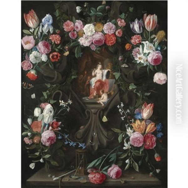 A Garland Of Flowers, Including Irises, Parrot Tulips And Roses, Surrounding A Stone Niche Inset With A Vanitas Scene Oil Painting by Jan van Kessel the Elder