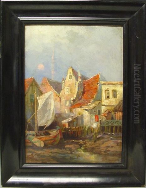 Hauser Und Ein Boot Am Ufer Oil Painting by Christian Baumgartner