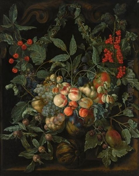 A Still Life With A Garland Of Peaches, Pears, Melons, Plums, Apricots, Grapes, Apples, Berries And Cherries, Together With Ivy And Gooseberries, All In A Stone Niche Oil Painting by Jan van Kessel the Elder