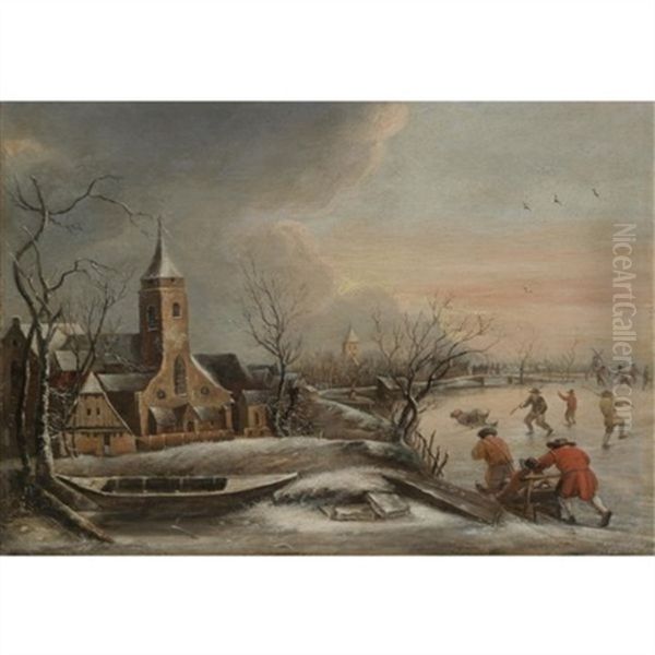 A Winter Scene With Figures Skating A Church In The Distance Oil Painting by Jan van Kessel the Elder