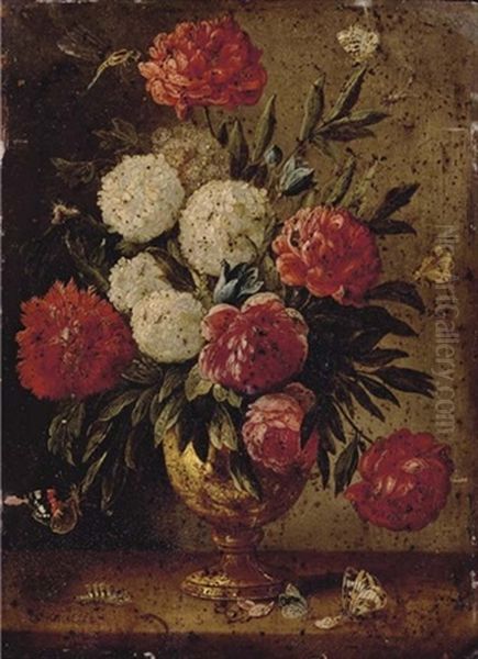 Roses, Carnations, Morning-glory And Other Flowers With Ants In A Gold Sculpted Urn Oil Painting by Jan van Kessel the Elder