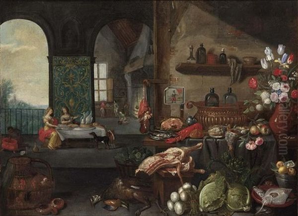 A Kitchen Still Life With A Ham And Herring On Silver Plates Oil Painting by Jan van Kessel the Elder