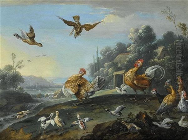 Chickens And Their Young Disturbed By Sparrow Hawks Oil Painting by Jan van Kessel the Elder