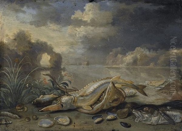 A Sturgeon And Thornback Ray With A Cod, Oysters, Mussels And Other Fish On A Seashore, A Ship In The Distance Oil Painting by Jan van Kessel the Elder