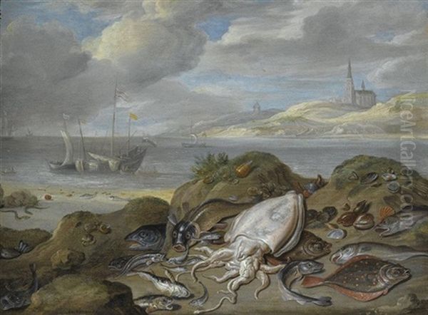 Still Life With Cuttle Fish, Plaice, Cod, Mussels And Other Fish On A Dune, A Church Across A River Estuary Beyond Oil Painting by Jan van Kessel the Elder