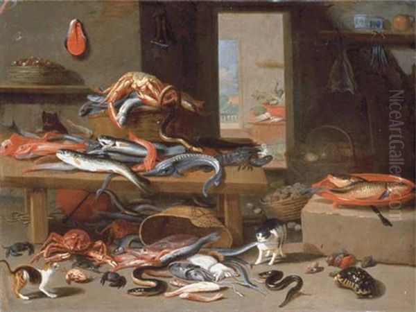 A Lobster, A Sturgeon, An Eel And Other Fish On A Table With A Wicker Basket, Cats And A Tortoise In The Foreground With Other Fish And Sea Animals, A Landscape Through A Doorway Beyond Oil Painting by Jan van Kessel the Elder