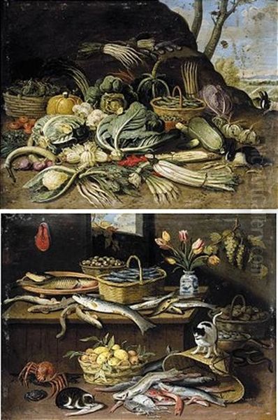 A Still Life Set In A Landscape With Vegetables (+ A Still Life In An Interior With Fish, Eels,  Two Cats, Lemons And Tangerines In A Basket, Tulips In A Vase; Pair) Oil Painting by Jan van Kessel the Elder