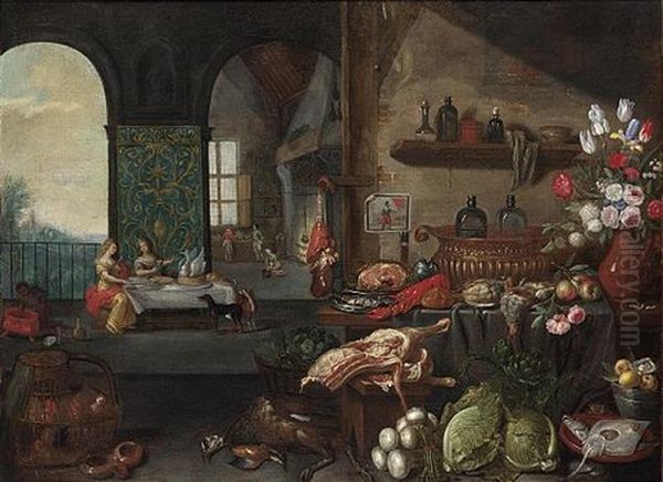 A Kitchen Still Life With A Ham And Herring On Silver Plates, A Sugar Jar, A Lobster, Bread, Pheasants, Apples, Flowers In A Vase And Two Glass Bottles Oil Painting by Jan van Kessel the Elder