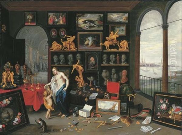 An Allegory Of Sight: A Collector's Cabinet, A View Of Antwerp Beyond Oil Painting by Jan van Kessel the Elder