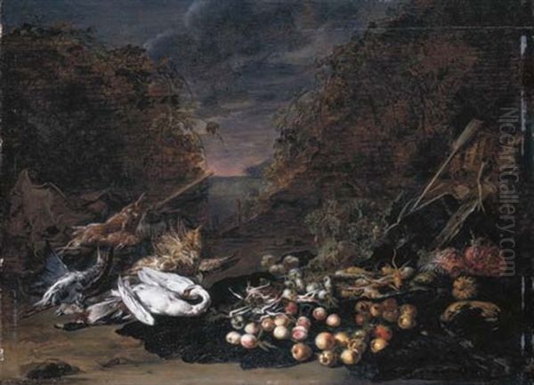 A Swan, A Mallard, A Bittern And Rabbits And Fruits And Vegetables, A Landscape Beyond Oil Painting by Jan van Kessel the Elder