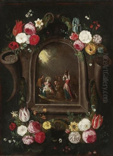 Blumengesteck Um Ein Medaillon Mit Der Anbetung Des Christuskindes Oil Painting by Jan van Kessel the Elder