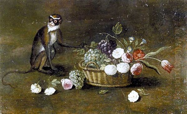 Stilleben Mit Meerkatze Und Blumenkorb Oil Painting by Jan van Kessel the Elder