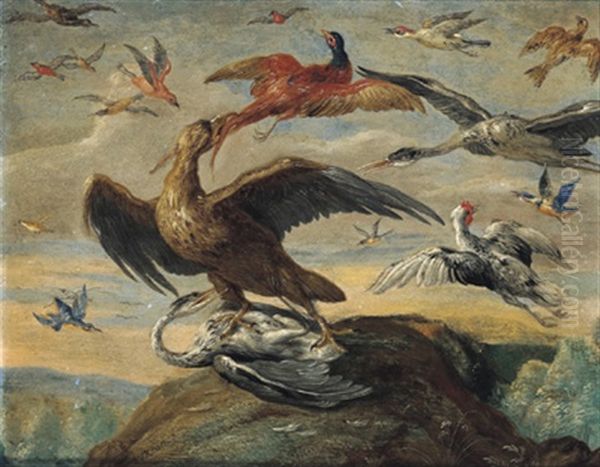 Ein Adler, Zwei Reiher, Ein Fasan, Ein Falke Und Andere Vogel In Einer Gebirgigen Landschaft Oil Painting by Jan van Kessel the Elder