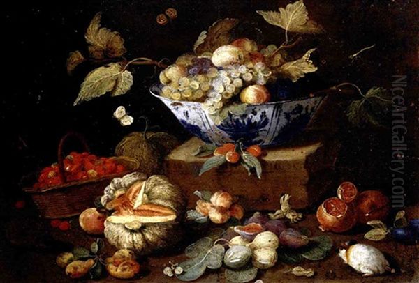 Still Life Of Apples And Grapes In A Blue-and-white Porcelain Bowl Together With Pomegranates, Figs, A Watermelon, A Basket Of Fraises-de-bois, Peaches, Plums, A Guinea-pig And A Hedgehog Oil Painting by Jan van Kessel the Elder