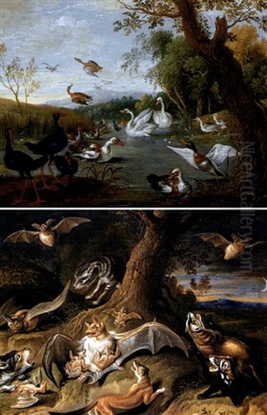 Night And Day: A Wooded Landscape With Bats (+  A Landscape With Ducks And Swans On A Pond; 2 Works) Oil Painting by Jan van Kessel the Elder