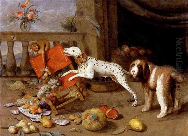 Cani E Scimmia Oil Painting by Jan van Kessel the Elder