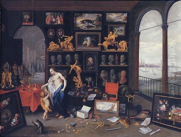 An Allegory Of Sight: A Collector's Cabinet, A View Of Antwerp Beyond Oil Painting by Jan van Kessel the Elder