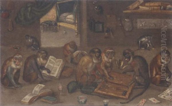 Monkeys Playing Backgammon, Cards And Reading Books In An Interior Oil Painting by Jan van Kessel the Elder