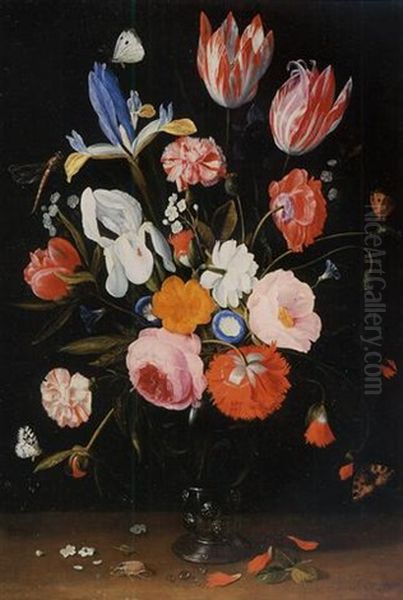 A Pink Rose, Irises, Carnations, Poppies, Tulips, Morning Glory And Other Flowers In A Roemer With Butterflies, A Dragonfly And A Beetle On A Ledge Oil Painting by Jan van Kessel the Elder