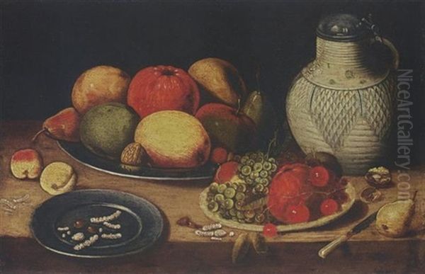 A Still Life With Apples, Pears, An Orange, A Walnut, Grapes, Cherries And Hazelnuts On Pewter Plates, Together With Apricots, A Knife, A Stoneware Jug With Cover, A Walnut And A Pear, All On A Ledge Oil Painting by Jan van Kessel the Elder