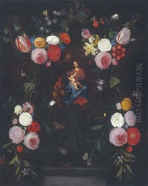 Blumengebinde Um Eine Kartusche Mit Maria, Jesus Und Johannesknaben Oil Painting by Jan van Kessel the Elder