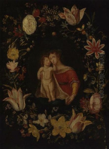 The Virgin And Child Surrounded By A Garland Of Flowers Oil Painting by Jan van Kessel the Elder