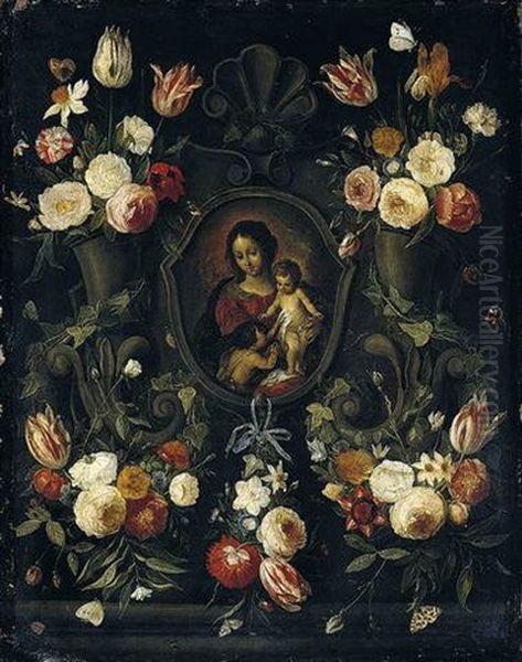 A Stone Cartouche Adorned With Flowers And Butterflies, Surrounding An Image Of The Virgin And Child With The Infant Saint John The Baptist Oil Painting by Jan van Kessel the Elder