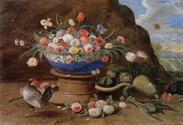 Natura Morta Con Vaso Di Fiori E Gallina Oil Painting by Jan van Kessel the Elder