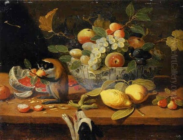 Grapes, Plums And Other Fruit In A Bowl, Lemons And Other Fruit On A Ledge With A Monkey, A Dog Below by Jan van Kessel the Elder