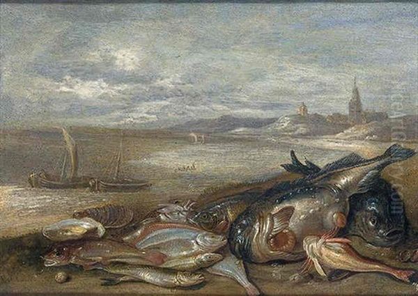 A Still Life Of Various Fish And Crustaceans On A Beach, With Fishing Boats And A Town Beyond Oil Painting by Jan van Kessel the Elder