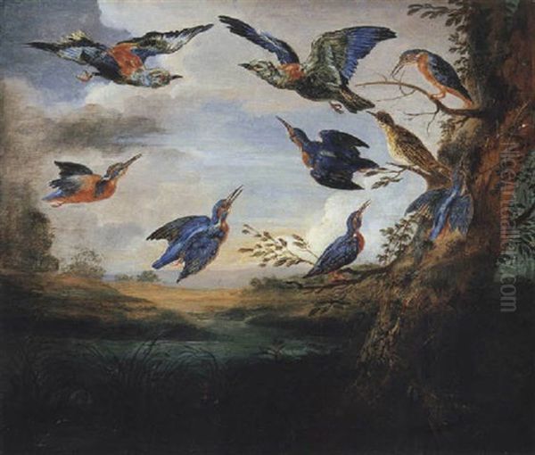 Kingfishers And Rollers In Flight In A River Landscape Oil Painting by Jan van Kessel the Elder