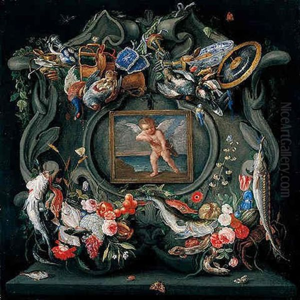 A Cartouche With Fish, Flowers, Fruit, Game, Armour, Hunting Equipment And Other Objects, Encircling A Framed Picture Of Cupid Oil Painting by Jan van Kessel the Elder