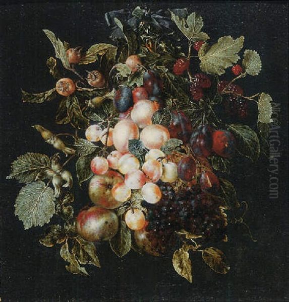 A Swag Of Fruit Hanging From A Nail Against A Grey Wall Oil Painting by Jan van Kessel the Elder