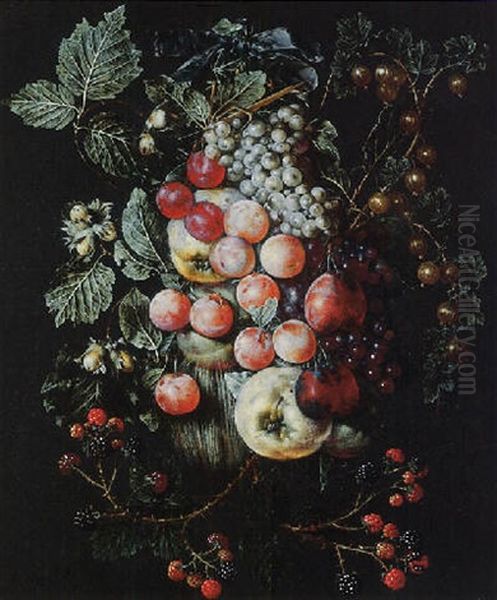 A Swag Of Fruit Hanging From A Nail Against A Wall Oil Painting by Jan van Kessel the Elder