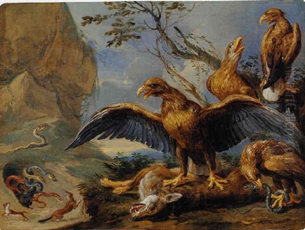 Eagles And Serpents Attacking Foxes Oil Painting by Jan van Kessel the Elder