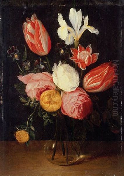 Roses, Tulips, An Iris, Pansies And An Anemone In A Glass Vase Oil Painting by Jan van Kessel the Elder