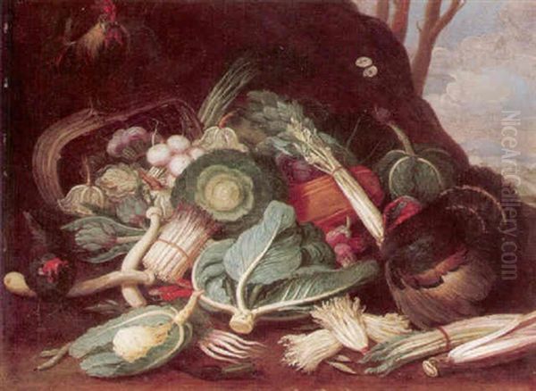 Still Life Of Vegetables, Together With A Turkey, A Cockerel And A Hen Oil Painting by Jan van Kessel the Elder