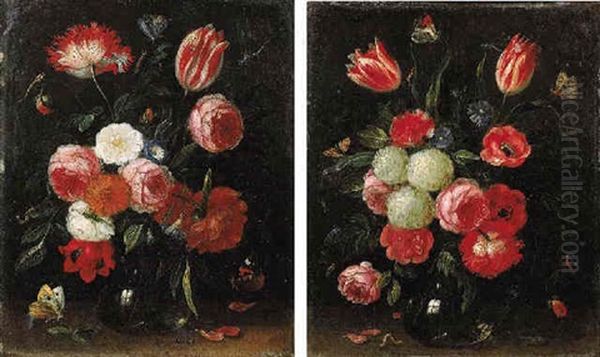 Roses, Tulips, Carnations And Other Flowers In A Glass Vase On A Stone Ledge With Butterflies And A Caterpillar Nearby Oil Painting by Jan van Kessel the Elder