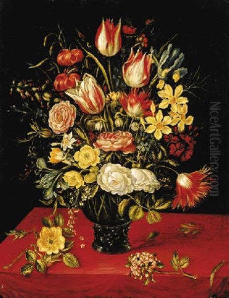 Tulips, Lilies, Daffodils, Irises, Roses, Hypericum, Forget-me-nots, Chicory, Honeysuckle And Other Flowers In A Roemer, With Hypericum And Elderflowers On A Table Oil Painting by Jan van Kessel the Elder