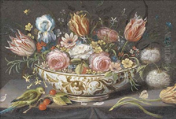 Carnations, Roses, Tulips And Other Flowers In A Porcelain Bowl On A Ledge With A Finch, Cherries And A Butterfly Oil Painting by Jan van Kessel the Elder