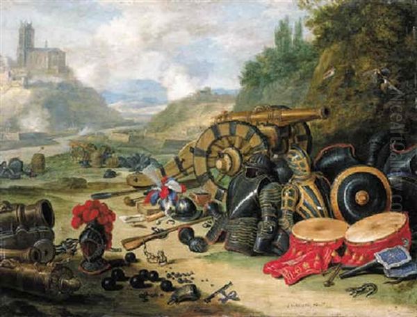 Weapons And Accoutrements Of War In A Battlefield, A River And A Church On A Hill Beyond Oil Painting by Jan van Kessel the Elder